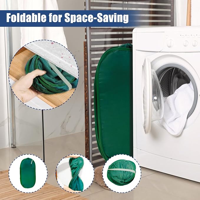 Collapsible Laundry Baskets, Upgrade Pop Up Laundry Hamper with Convenient Bags, Foldable Laundry Basket Mesh Light Weight, Easy to Carry Clothes Hampers for Laundry, Dorm, Toys, Travel Green