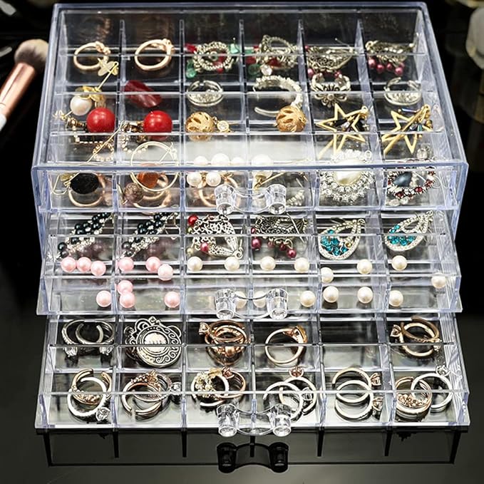 Earring Storage Box Organizer 3 Drawers Acrylic Jewelry Storage Box Holder Transparent Jewelry Display Stand with 72 Small Compartments Gift for Women Girls (Clear)
