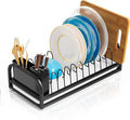YEYPOP Black Dish Drying Rack Small for Kitchen Counter, 304 Stainless Steel Dish Rack w Tray & Cutlery Holder, Narrow Dish Drainer for Pots & Pans, Cutting Boards, Plates & Lids