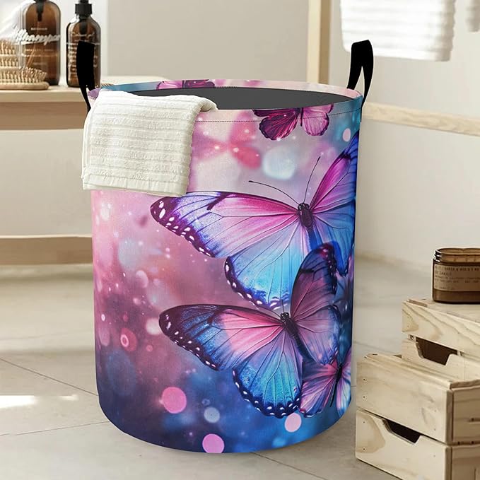 Purple Lavender Laundry Basket, Butterfly Oxford Cloth Laundry Hamper With Handle Foldable Portable Clothes Storage Basket Storage Bag For Laundry Room/Bathroom/Bedroom/Dormitories
