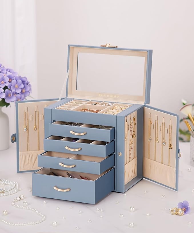 Jewelry Box with 4 Drawers: Display Organizer for Earrings Necklaces - Gifts for Girls Women (Grey Blue)