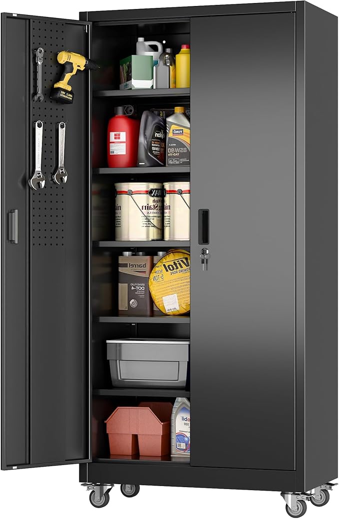 Upgraded Metal Storage Cabinet with Pegboard,71" H Garage Storage Cabinet with Wheels and 5 Shelves,for Garage,Home Office,Required Assembly,Black