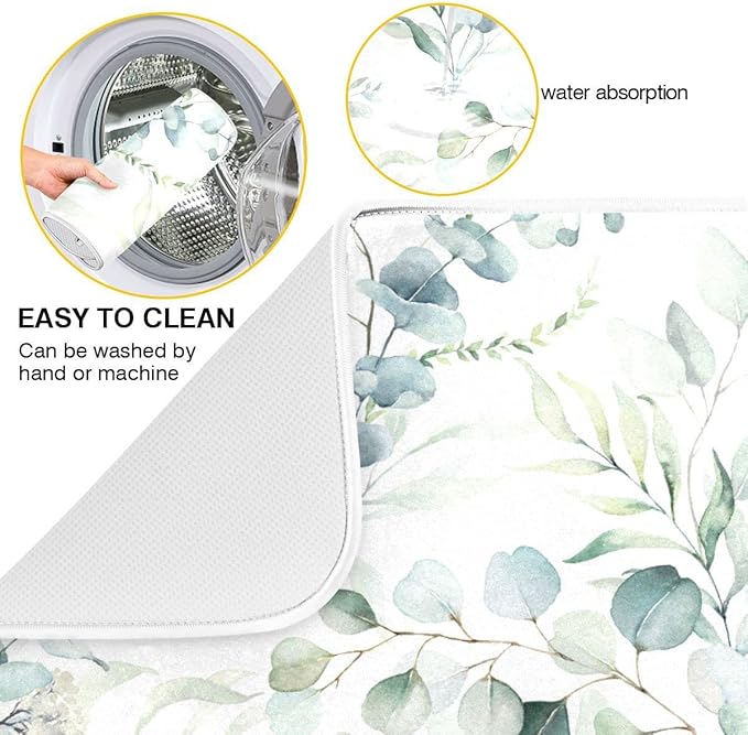 Green Leaves Dish Drying Mat for Kitchen Counter Herb Plant White Drying Mats Super Absorbent Reversible Microfiber Kitchen Countertop Protector Dishes Pad Large 18x24 inch