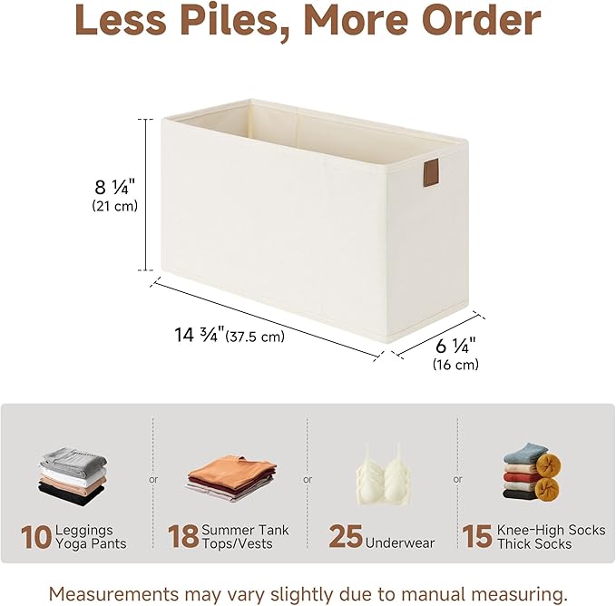 StorageWorks Thin Narrow Baskets for Storage, Small Storage Bins, Fabric Storage Bins with PU Handle, Ideal for Slim Shelves, Clothes, and Toys, Beige, 2-Pack
