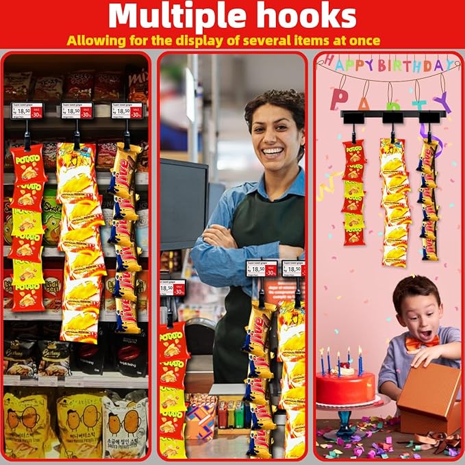 Hanging Merchandise Strips with Hooks Chip Display Rack Stands Potato Bag Holder for Retail Displaying Label Headers Greeting Card Party Vendors Snack Candy Portable Organizer Storage (6 Chip 4 Pack)