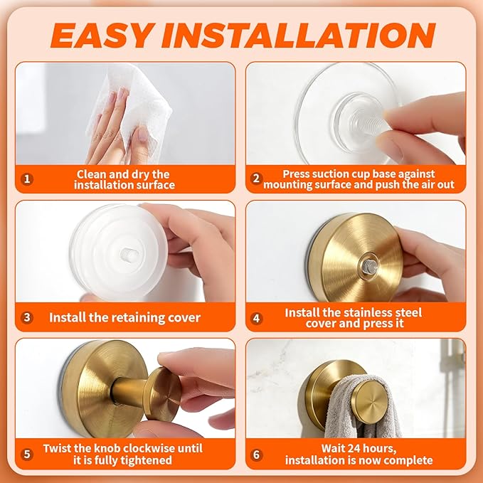 2026 Brushed Gold Suction Cup Hooks for Shower - No Drill Decorative Hooks Hold Towels & Wreaths on Glass Door & Bathroom Mirror - Luxury Finish Heavy Duty & Waterproof (2 Pack)