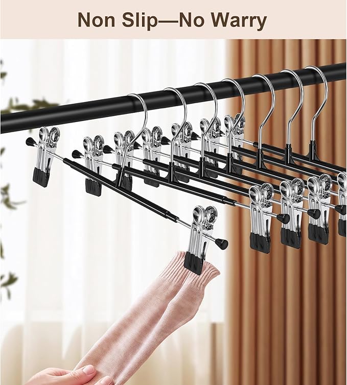 POZEAN Pants Hangers with Clips 20Pack, 12Inch Adjustable Skirt Hangers for Women, Space Saving Non-Slip Hangers for Shorts, Jeans, Coat, Kids' Clothes (Black, 20Pack)