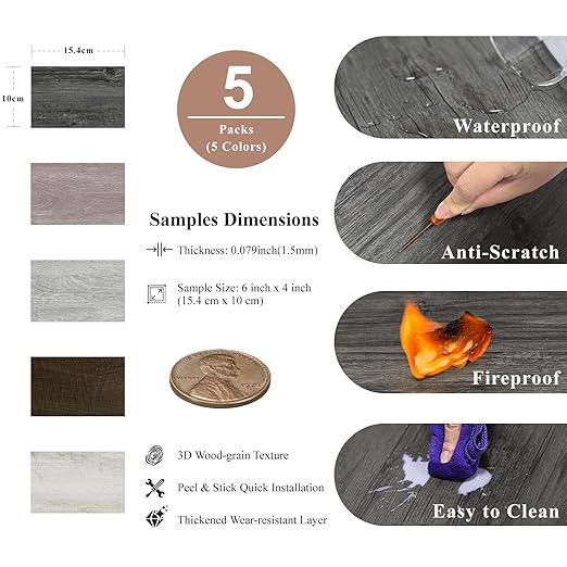 MULGREAT Peel and Stick Floor Tile, Waterproof Self Adhesive Vinyl Flooring 5-Pack Samples, Wood Grain Hard Core Easy DIY 6x4 inch Mini Pieces (Sample)