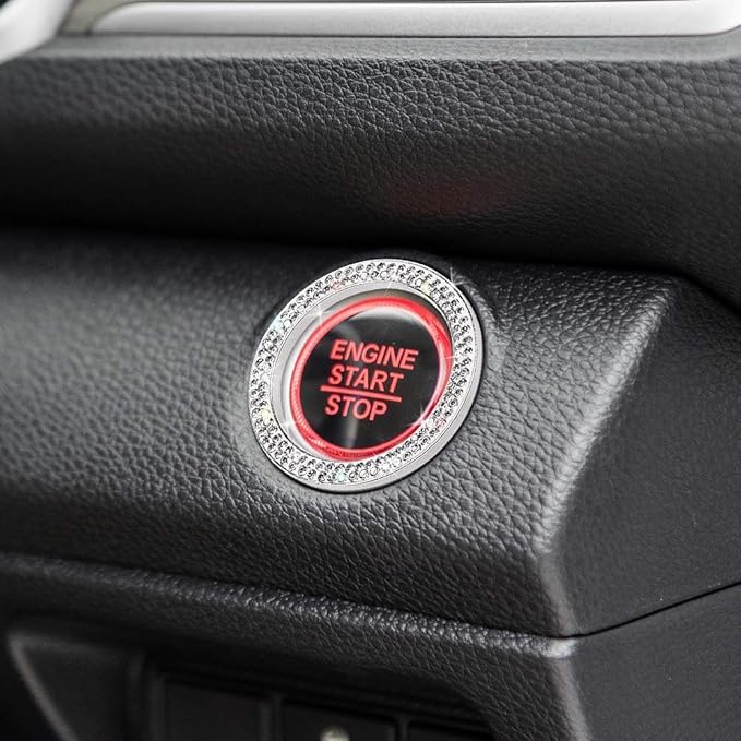ToBeQueen Car Bling Ring Crystal Car Stickers Rings Womens Car Decals,2Pcs Push Start Button Bling Ignition Ring Sticker,Bling Car Interior Accessory for Women,Silver
