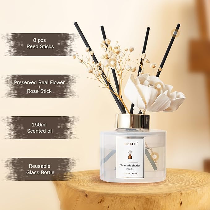 Airkeep Flower Reed Diffusers Set, 5.07 oz Clean Aldehydes Musk Scented Oil Diffuser with 8 Reed Sticks, Home Fragrance Diffuser Gift Set for Bathroom & Office Decor 150ml
