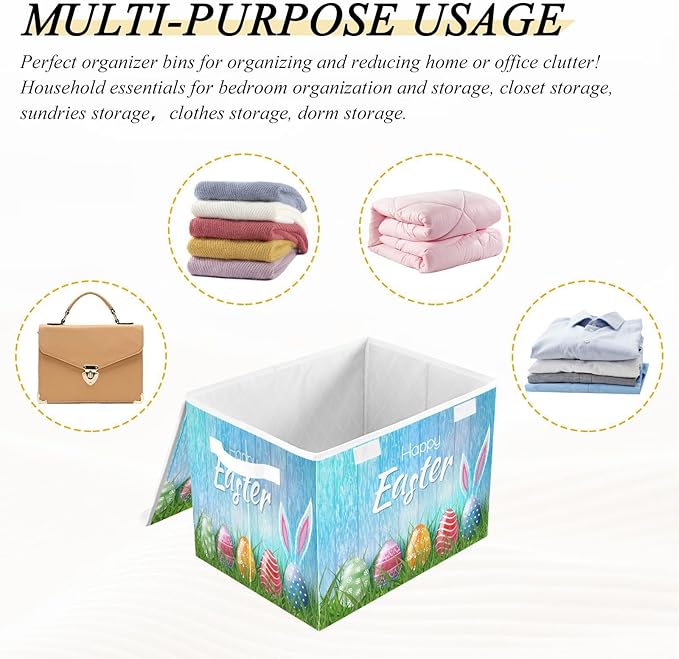 Easter Baskets Collapsible Storage Bins with Lids, Happy Easter Bunny Eggs Storage Boxes Clothes Baskets for Organizing