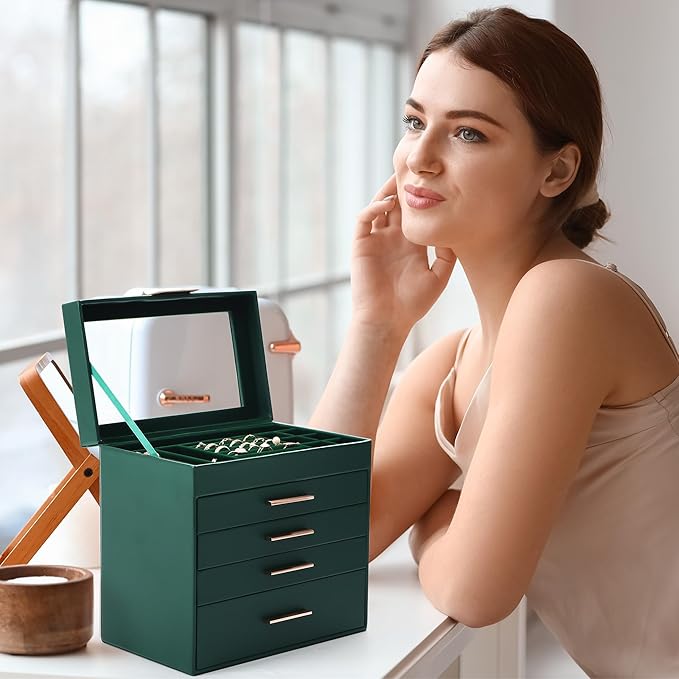 Jewelry Box, 5 Layers Jewelry Storage Display Box with Glass Lid for Women, 4 Drawers,Large Capacity for Necklace Earrings Bracelets Rings, Green