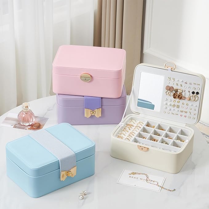 Lolalet 2 Layer Jewelry Box with Lock and Key for Teen Girls & Young Women, Jewelry Organizer Case with Round Clasp and Mirror for Earrings Rings Necklaces Storage, Gift Idea -Cloud White