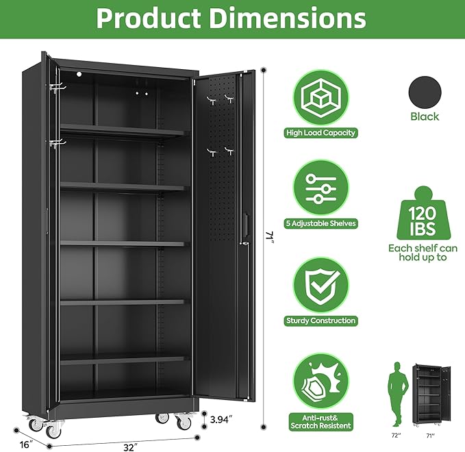 71" H Garage Storage Cabinet with Wheels and Pegboard,Lockable Metal Storage Cabinet with 5 Adjustable Shelves and Door for Garage, Office, Home, Assembly Required，Black
