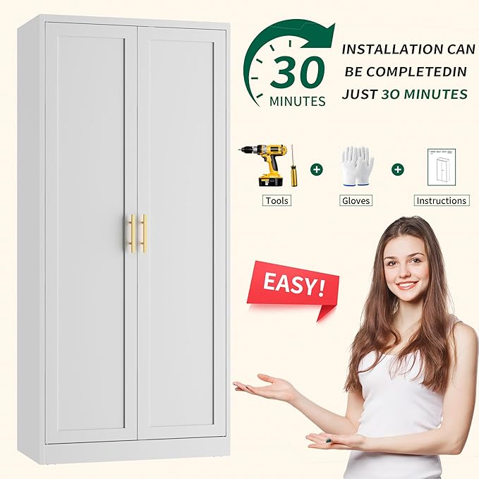 CJF White Kitchen Pantry Cabinet,71 Inch Tall Metal Storage Cabinet with 4 Adjustable Shelves and Doors, Freestanding Pantry Cabinet for Kitchen, Living Room, Dining Room, Bathroom, Easy to Assemble