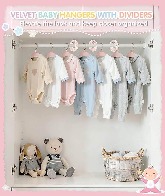 VIS'V Baby Hangers, 11 Inch Velvet Kids Hangers with 6 Pcs Clothes Size Dividers, Infant Toddler Nursery Closet Organization, Non Slip, Pink, 30 Pcs