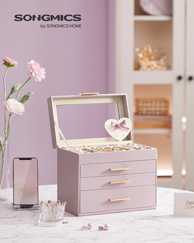 SONGMICS Jewelry Box Organizer with Glass Lid, 4-Layer Jewelry Storage, with 3 Drawers, Modern Style, 6 x 9.9 x 8.5 Inches, Lavender Purple and Gold Color UJBC161P01