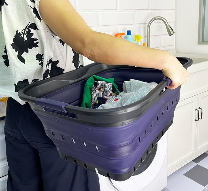 SAMMART 42 (11 Gallons) Collapsible Plastic Laundry Basket, Foldable Pop Up Storage Container/Organizer, Space Saving Hamper, Portable Bin for Dorm Room Bathroom (2, Black/Dark Purple)
