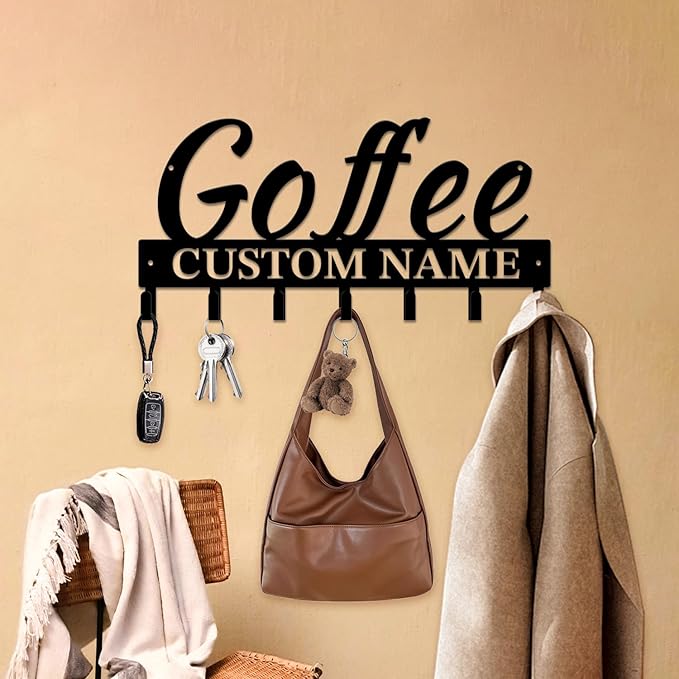 Personalized Custom Name Coffee Bar Wall Keys Hooks,Metal Coffee Shop Art Clothes Hooks,Metal Coffee Lover Wall Home Storage Decorative,For Front Door, Hallway, Kitchen, Bedroom,Keys,Hats (Style H)