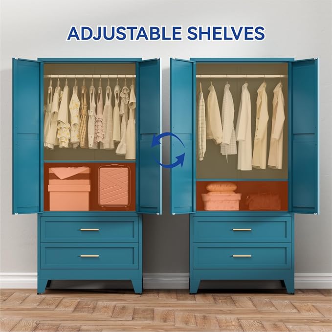 COFaR Metal Armoire Wardrobe Closet with Drawers, 71'' Tall Farmhouse Bedroom Armoires with Doors, Freestanding Steel Wardrobe Cabinet Coat Closet for Bedroom Home Office Garage, Peacock Blue