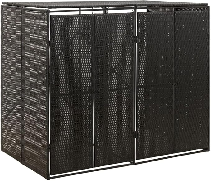 Double Wheelie Bin Shed Garbage Can Storage Shed, PE Trash Container Management Unit, Outdoor Patio Recycling Dustbin Trash Shed, Black 55.1"x31.5"x46.1" Poly Rattan