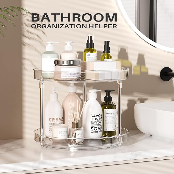 Slow Slog 2 Pack 2 Tier Lazy Susan Turntable Organizer, Clear Rotating Lazy Susan, Spice Rack for Cabinet, Makeup and Perfume Organizer for Vanity, Counter Organizer Tray for Kitchen, Bathroom