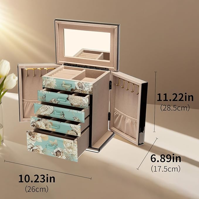 Glass Jewelry Box, 5-Layer Storage Case,Jewerly Boxes for Women Girls,Jewelry Gift Decorative Boxes, Art Painting Tabletop Ornament Organizer For Earring Necklace Watch Christmas Gifts