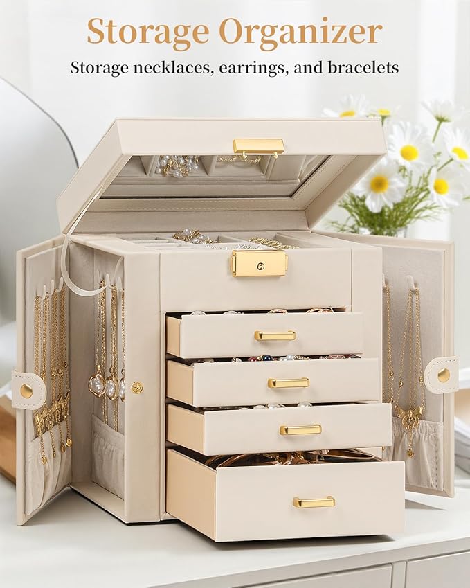 TORIBIO Jewelry Box for Women, Leather Jewelry Organizer with Mirror & Lock, 5-Tier Jewelry Storage Organizer with 4 Drawers for Girls/Women/Mothers, Necklace Earring Bracelets Holder Organizer