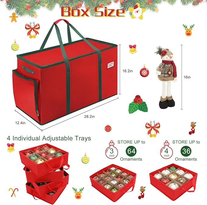 Large 2-in-1 Christmas Ornament Storage Box & Xmas Figurine Container,4 Separate Trays Keep 64-3"/ 36-4" Holiday Ornaments,Adjustable Extent Area for Figurines and Pockets for Decoration
