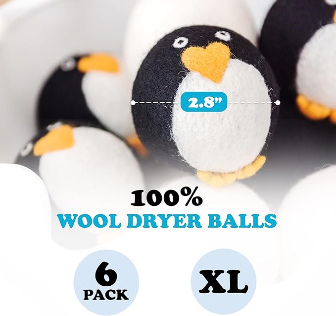 Smart Sheep Wool Dryer Balls - 6-Pack - XL Premium Natural Fabric Softener Award-Winning - Wool Balls Replaces Dryer Sheets - Wool Balls for Dryer - Laundry Balls for Dryer (Marching Penguins)
