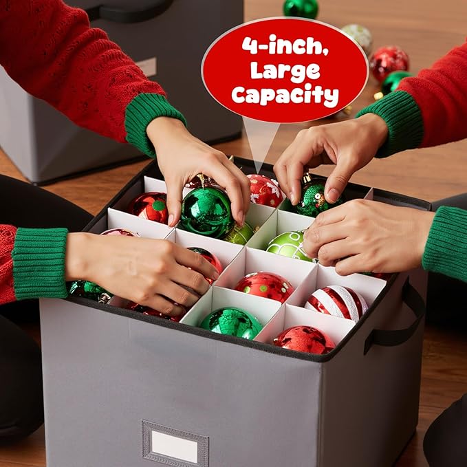 Pinkunn 64pcs 4in Christmas Ornament Storage Box with Dividers Tray Stores Holiday Ornament, Adjustable Dividers, Double Zipper, Label Slot, Two Handles Storage Container Box Keeps Xmas Decor(Grey)
