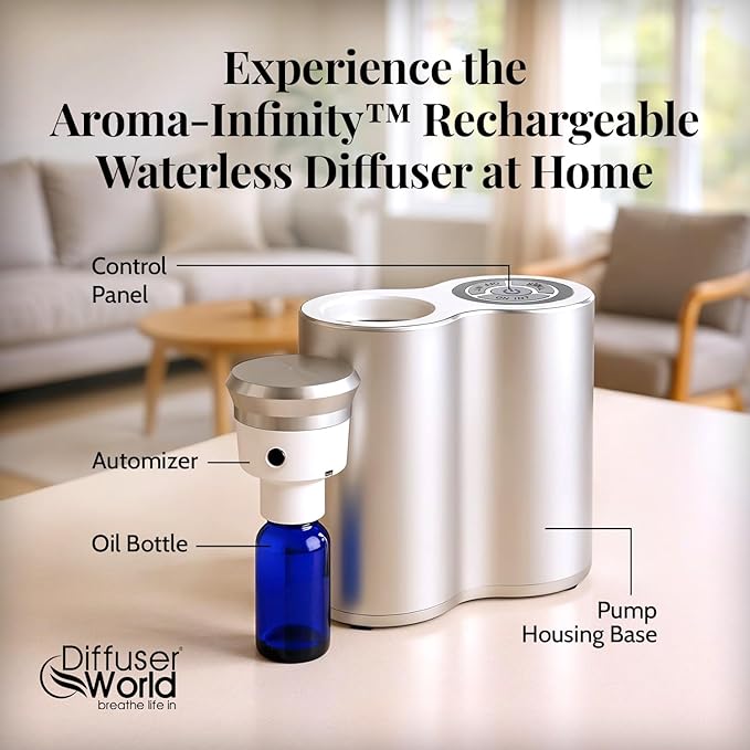 800 Sq Ft Waterless Diffuser for Essential Oils, Made in USA Aroma Infinity Silver Portable Aroma Atomizer for Room Fragrance, Home Scent Machine, Air Aromatherapy Oil Diffusers