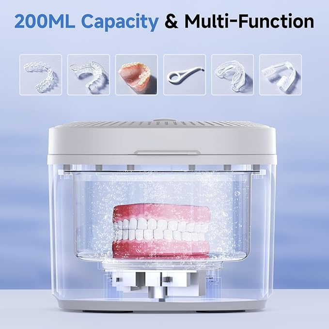 Ultrasonic Retainer Cleaner Machine, 45kHz Dental Cleaning Pod for Denture, Aligner, Nightguard, Mouth Guard, Toothbrush, Jewelry, with Digital Timer, 200ML & 4 Modes for All Dental Appliances