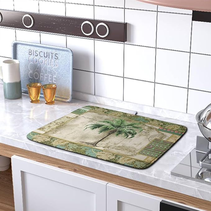 Palm Tree Kitchen Dish Drying Mat for Dishes 16x18 Inch Summer Vintage Tropical Leaves Green Jungle Plant Drying Mat Botanical Dish Drainer Mat Super Absorbent Dish Rack Pad for Coffee Bar Sinks
