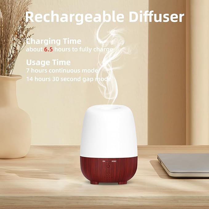 150ML Cordless Essential Oil Diffuser, Rechargeable Battery-Operated Quiet Aromatherapy Diffuser with 7-Hour Runtime,2 Timer Settings & 7-Color LED Light for Bathroom,Bedroom,Living,Room