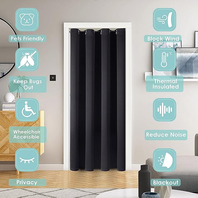 ChrisDowa Blackout Door Curtains for Doorway Privacy, Grommet Closet Curtains for Bedroom Closet Door, Thermal Insulated Temporary Doorway Cover Room Divider Drapes (1 Panel, Black, 52 x 80 Inch)