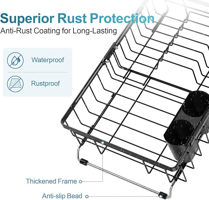 iSPECLE Expandable Dish Drying Rack for Kitchen Sink - Rust Resistant Adjustable Over The Sink Dish Drainer with Non Slip Rubber, 11.8" W x 12.8"-25.2" L, Black