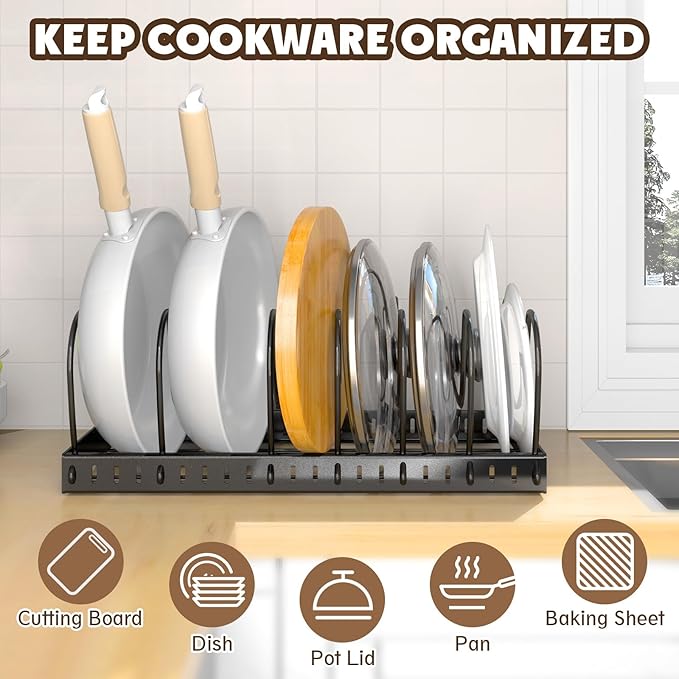 NomNest 2PACK Lid Organizers for Kitchen, Pots and Pans Organizer Under Cabinet with 16 Adjustable Dividers, Countertop Lid Holder, Rust-Resistant, Tool-Free Installation, Easy to Clean