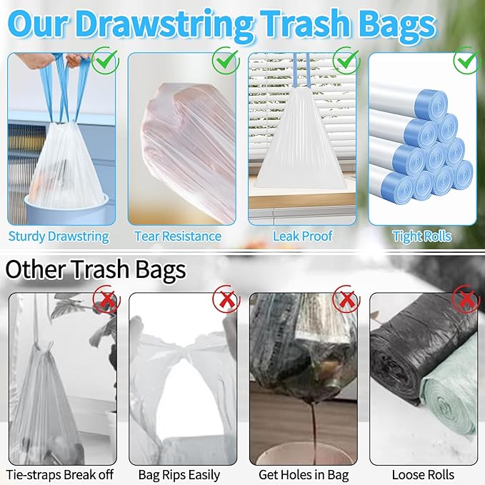 200 Count Small Drawstring Trash Bags for 4-Gallon (15 L) Trash Cans, Thick Pre-separated Garbage Bags,Mini Wastebasket can Liners for Bathroom Bedroom Office(White)