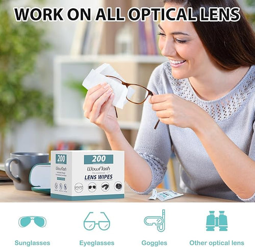 200 Count Lens Wipes for Eyeglasses, Eyeglass Lens Cleaning Wipes Pre-moistened Individually Wrapped Sracth-Free Streak-Free Eye Glasses Cleaner Wipes for Sunglass, Camera Lens, Goggles