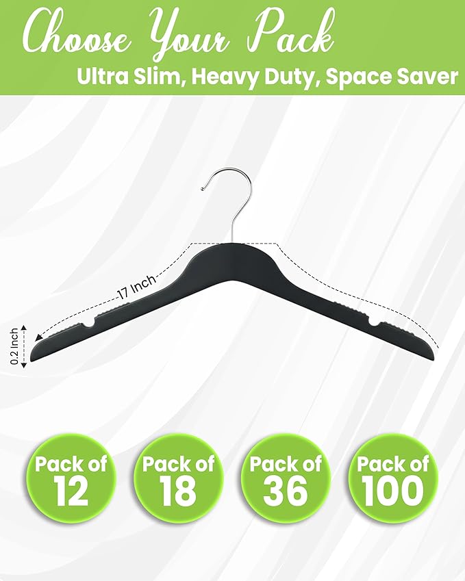 All Hung Up Plastic Hangers Slim, Non Slip Space Saving Clothes Hangers for Closet Organization, Durable Notched Plastic Coat Hangers for Shirts, Dresses & Jackets, Black, 18 Pack