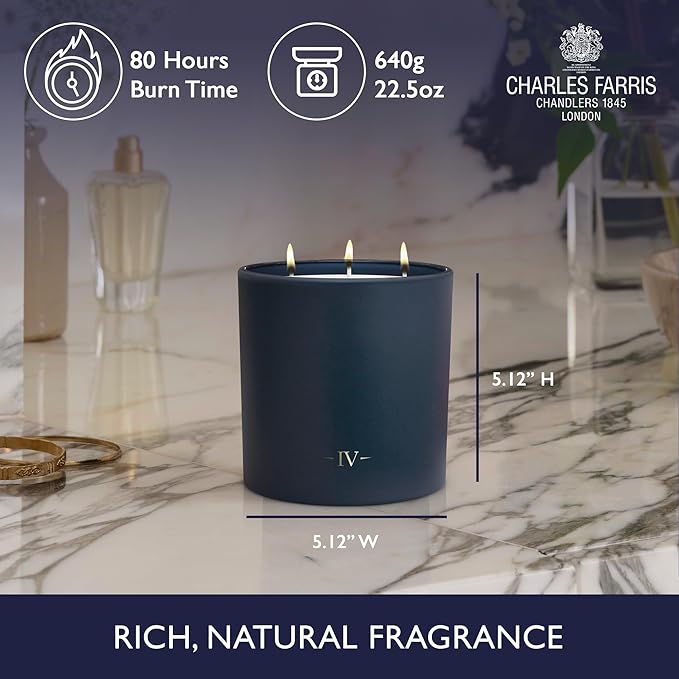 Charles Farris Luxury Scented Candle – 3 Wick, Hand-Poured, Long Lasting, Clean Burning, 640g / 22.5oz, Up to 80 Hours of Burn Time, Made in England – Wild Fig & Green Accords – Redolent Fig
