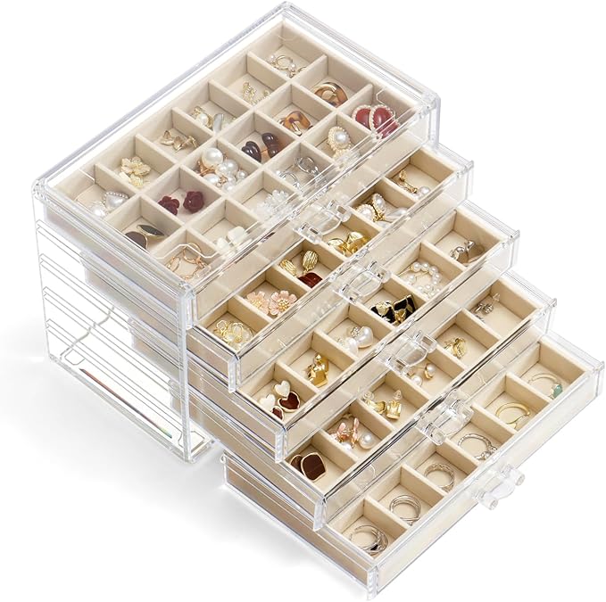 Jewelry Organizer with 5 Drawers Clear Acrylic Earring Display Case Velvet Jewelry Storage Box Display Holder for Earring Ring Bracelet Necklace (Beige, 90 Grids)
