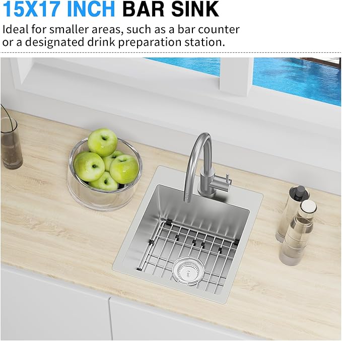Kitchen & Bar Sink,15x17 Inch Bar Sink Stainless Steel Drop In Small Kitchen Sink Ideal Choice For Small Spaces Topmount Sink With Bottom Grid,Soap Mat And Drain Assembly Serve Both Kitchen And Bar