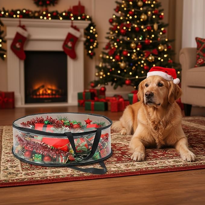 4 PCS Wreath Storage Bag Christmas Wreath Storage Container Waterproof Holiday Garland Clear PVC Container with Handle Heavy Duty for Xmas Holiday Seasonal Garland Black