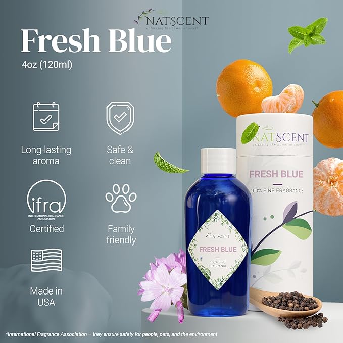 Dynamo Essential Oil Diffuser with Fresh Blue Essential Oil, Bundle of Smart Waterless Diffuser & Essential Oils for Diffusers for Home, Office, Spa – Black