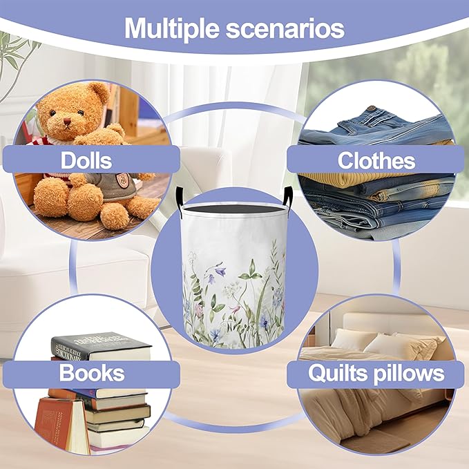 Vintage Wild Flowers Laundry Basket-Large Foldable Hamper Holder Portable Tall Collapsible Laundry Hamper Storage Basket Bin with Handles, Canvas & Waterproof lining for Household Items