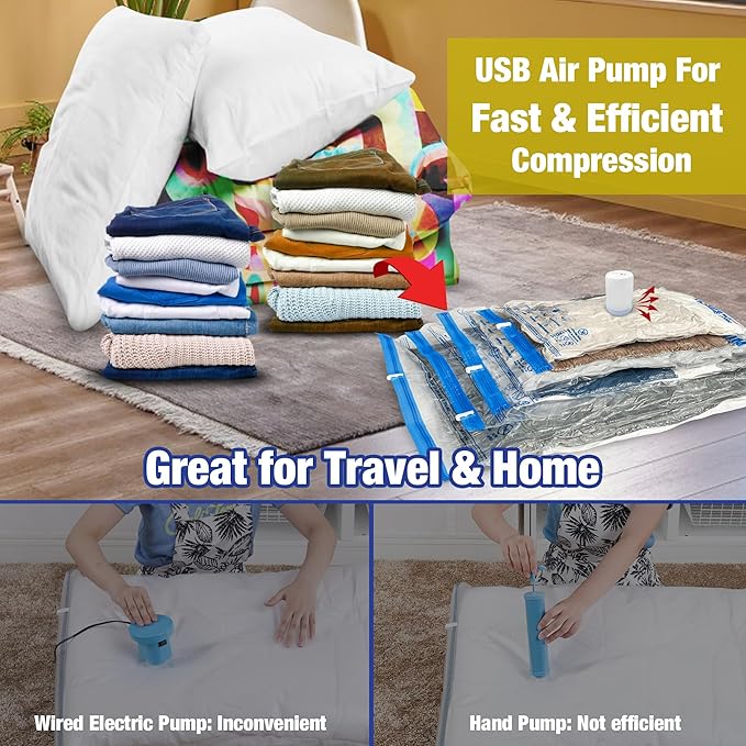 HIBAG Travel Vacuum Bags with Electric Pump for Luggage and Suitcase, Vacuum Seal Compression Packing Bags for Clothes Clothing, Combo 12 Pack