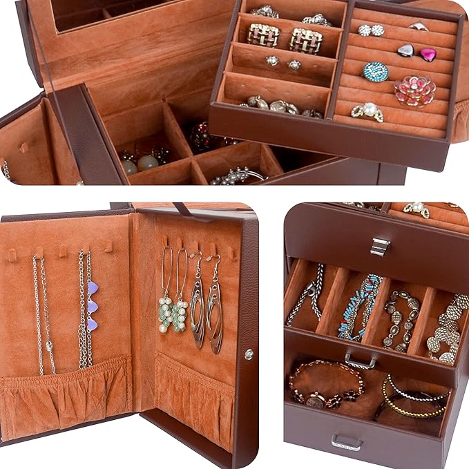 Kendal Jewelry Box for Women, Leather Jewelry Organizer with 2 Drawers and Mirror, Portable Travel Case for Necklace, Ring, Jewelry LJC08BRN