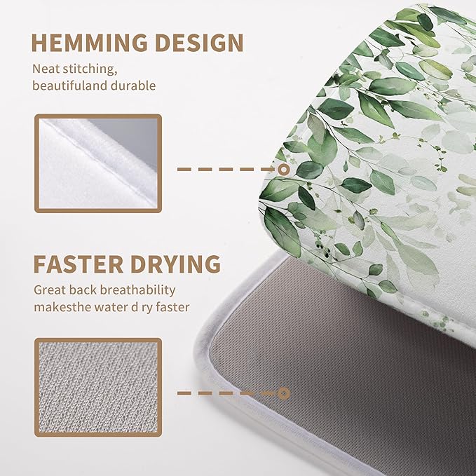 Sage Green Leaf Dish Drying Mat for Kitchen Counter Spring Eucalyptus Leaves Drying Mats Summer Floral Microfiber Absorbent Dishes Pad Reversible Washable Dish Drainer Rack Mat Large 18x24 Inch